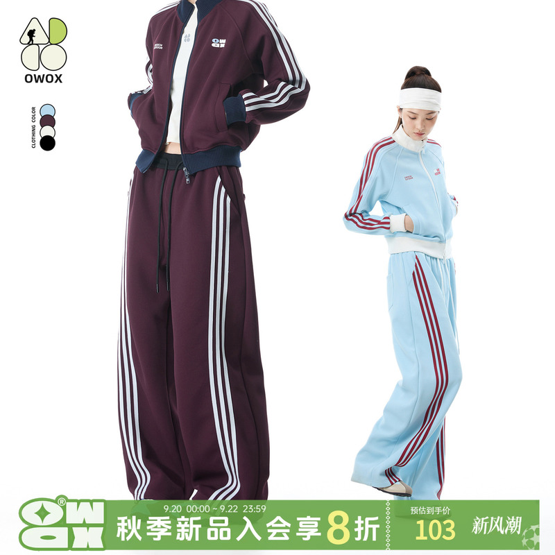 Owox Autumn Waffle American Style Three-Stripe Sports Suit Short Slimming Stand Collar Jacket Loose Drapey Sweatpants Owox Autumn Waffle American Style Three-Stripe Sports Suit Short Slimming Stand Collar Jacket Loose Drapey Sweatpants