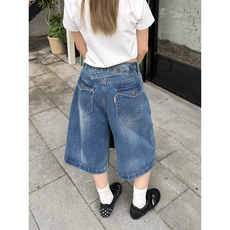 Xfx American Retro Bamboo Buckle Washed Cropped Pants for Women, Summer Vintage High Street Cleanfit Jeans