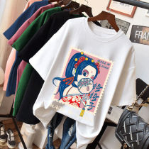 Large size cotton T-shirt womens short sleeve loose version student cartoon cute foreign trade cut tail single clearance original list