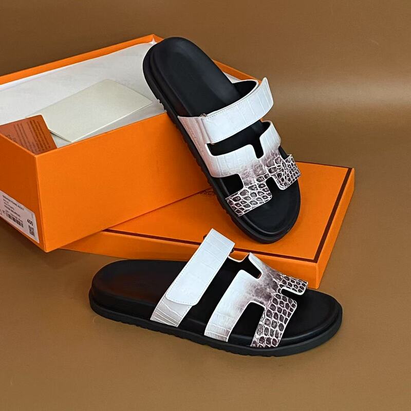 Linghan's Classy Himalayan Crocodile Leather Fashionable Casual Sandals Slippers Velcro Slippers