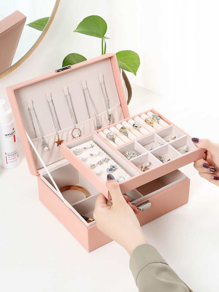 Lock jewelry box Princess European-style Korean wooden jewelry box Earrings ear pins simple double-layer storage box