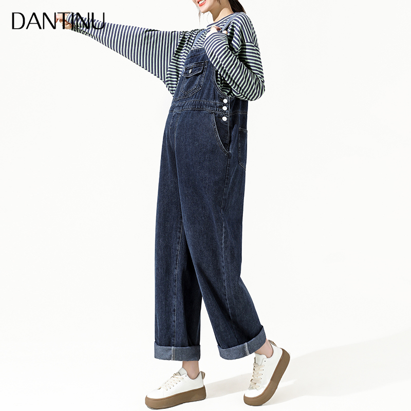 Maternity Denim Overalls for Spring and Autumn, Loose Straight-Leg Pants, Plus-Size Long Pants, Petite Spring Outfit Two-Piece Set