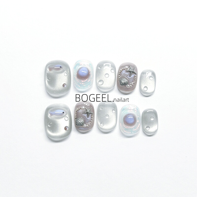 Bogeel Pure Handmade Wearable Nails, Ice-Transparent Short Style, Bean-Shaped Shell, Starfish, Cat-Eye Nail Stickers, High-End Feel, Brightening Effect