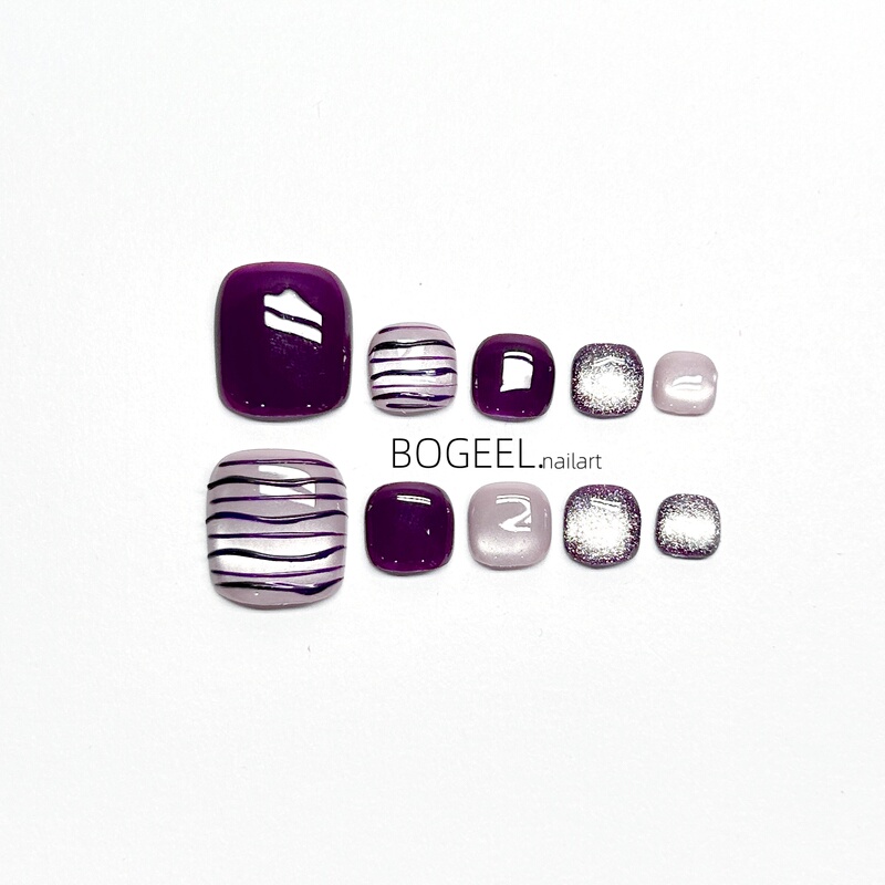 Bogeel Toenails 2026 New Summer Style Handmade Toenails Korean Style Niche Nail Art Purple Stripes Brightening Effect