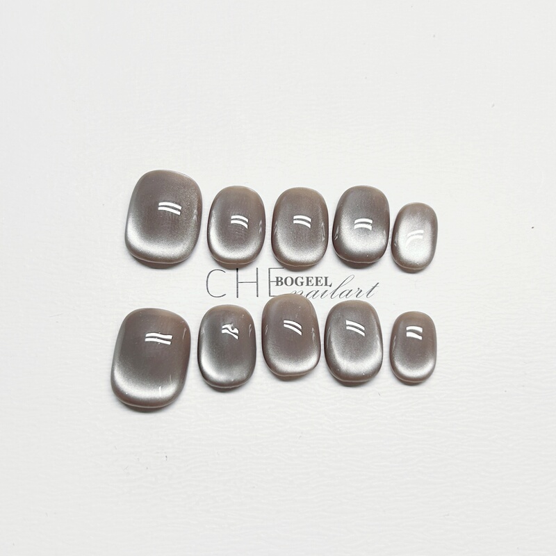 Bogeel Pure Handmade Wearable Nails 2026 New Autumn and Winter Gray Coffee Cat Eye Whitening Nail Stickers Finished Product with a High-End Feel