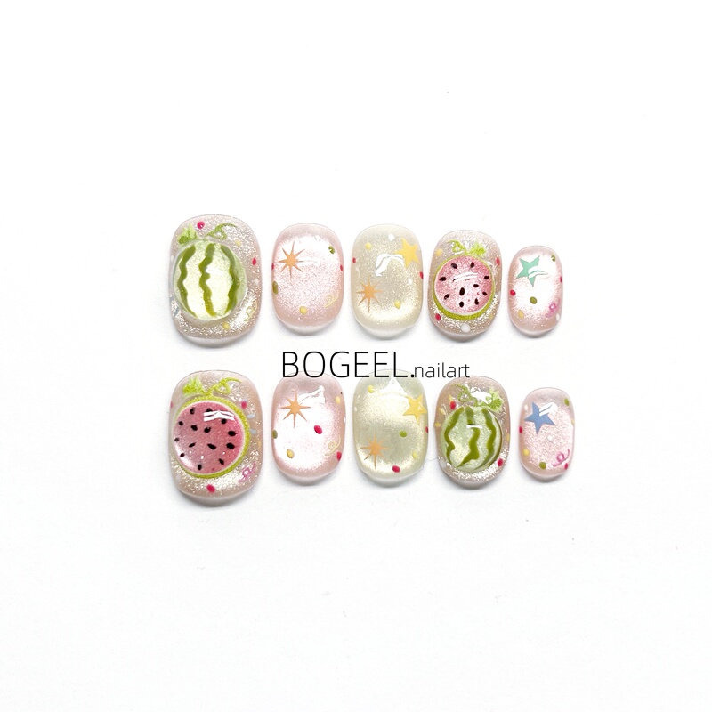 Bogeel Pure Handmade Wearable Nails Cute Fruit Watermelon Cute and Elegant High-End Nail Stickers 2026 New Model
