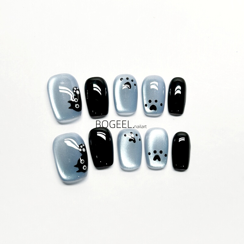 Bogeel Pure Handmade Wearable Nails Short Style Hand-Painted Cartoon Cat Design Finished Blue and Black Nail Stickers That Enhance Complexion 2026 New Model