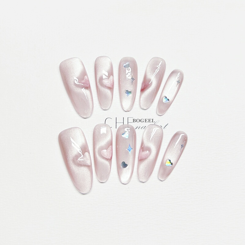 Bogeel Heart-Shaped Cat Eye Handmade Long Nail Art Pieces Finished Pink Fairy-Like Whitening Pure Desire High-End Feel Bogeel Heart-Shaped Cat Eye Handmade Long Nail Art Pieces Finished Pink Fairy-Like Whitening Pure Desire High-End Feel