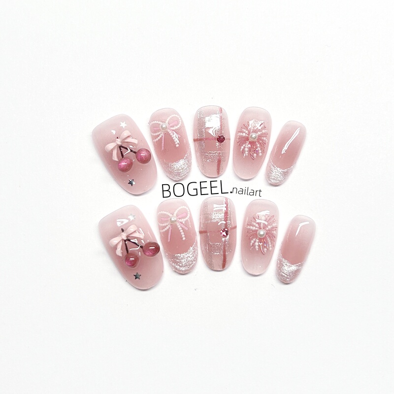 Bogeel French-Style Handmade Wearable Nails Pink Cherry Bow Fireworks Short Style Whitening-Enhancing High-End Nail Stickers