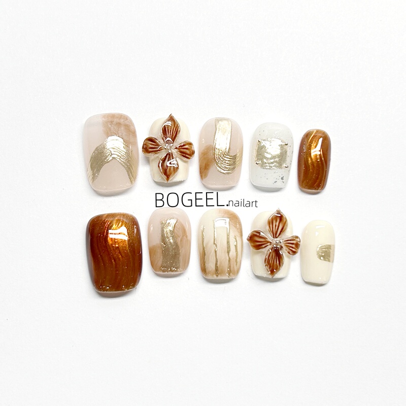 Bogeel Pure Handmade Short Flower 3D Autumn and Winter Nail Art High-End Whitening Luxury Gold-Plated Fake Nails Bogeel Pure Handmade Short Flower 3D Autumn and Winter Nail Art High-End Whitening Luxury Gold-Plated Fake Nails