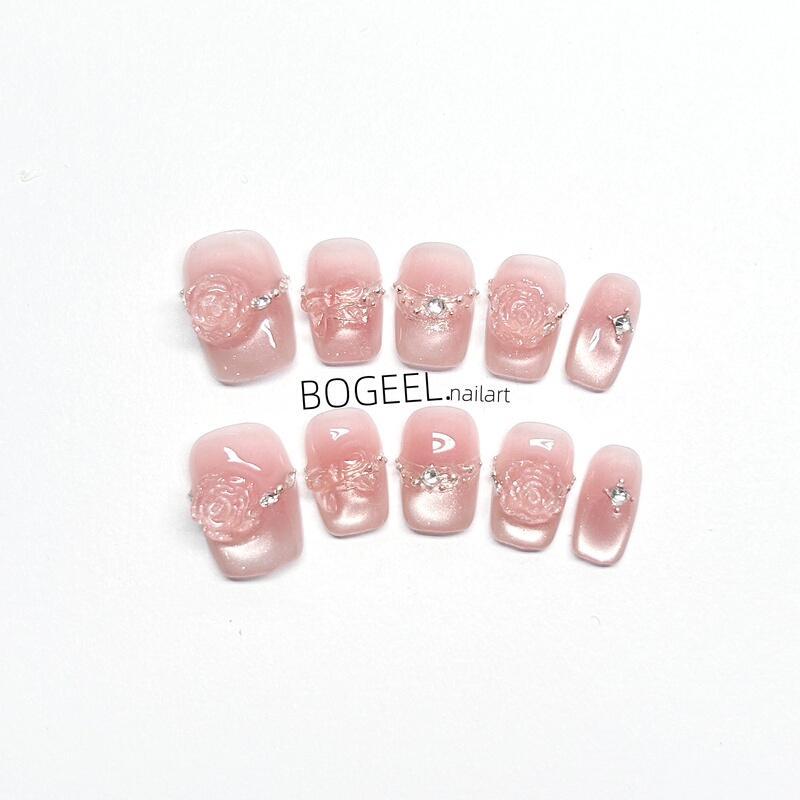 Bogeel French-Style Rose Handmade Wearable Nails Pink Glitter Rhinestone Short Nail Stickers High-End Fake Nails