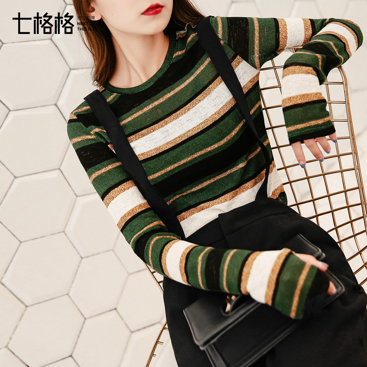 针织衫女套头士早秋季2017新款女装打底条纹长袖冰丝镂空上衣t恤