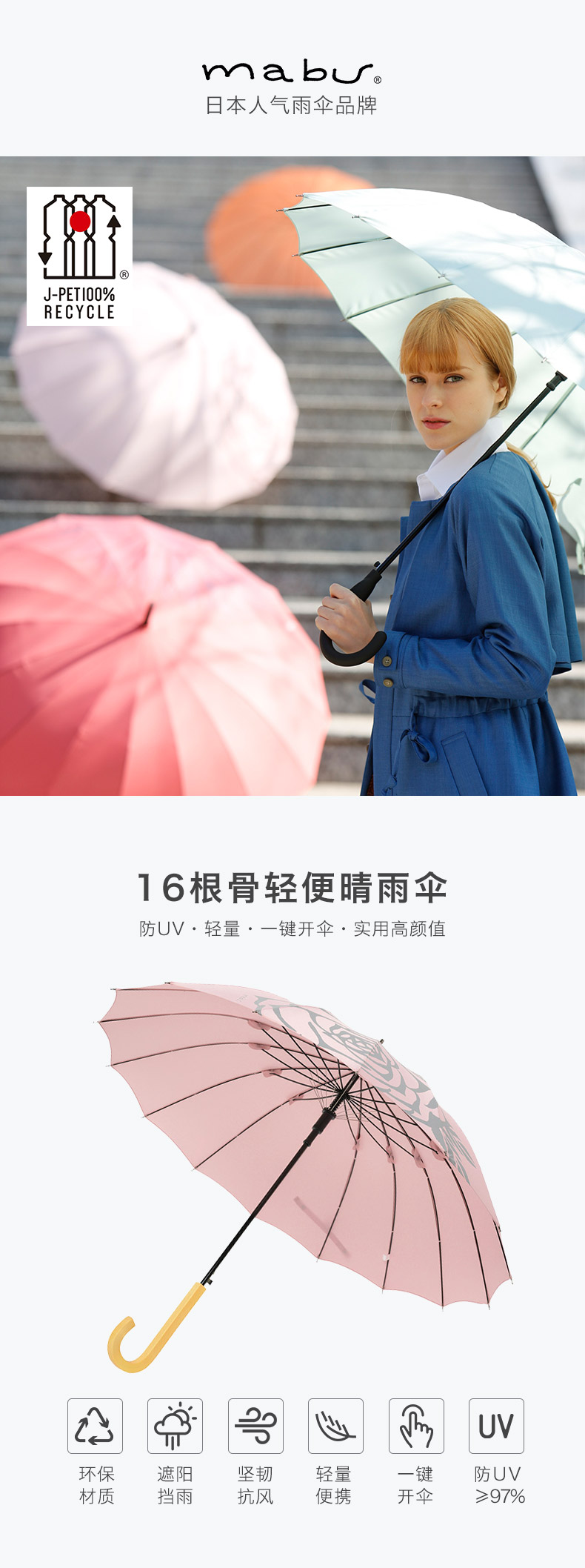 再降10元！日本进口爆款，轻便抗暴雨：Mabu 16骨半自动长柄晴雨伞 38元包邮（之前推荐48元） 买手党-买手聚集的地方