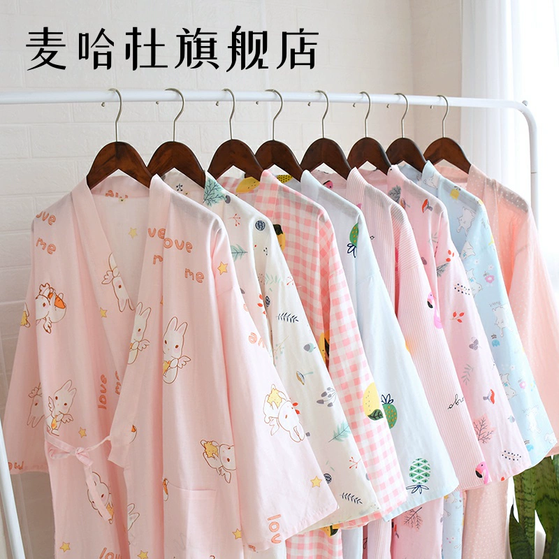 Áo choàng tắm kimono gạc mùa xuân và mùa hè, váy ngủ cotton mùa hè và mùa thu cho quý cô, váy ngủ Nhật Bản, đồ ngủ cotton hấp - Night Robe