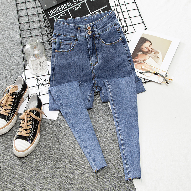 Jeans women's high-waist slimming 2023 spring and autumn Korean version of the new double-button nine-point raw-edged slim-fit trousers trendy