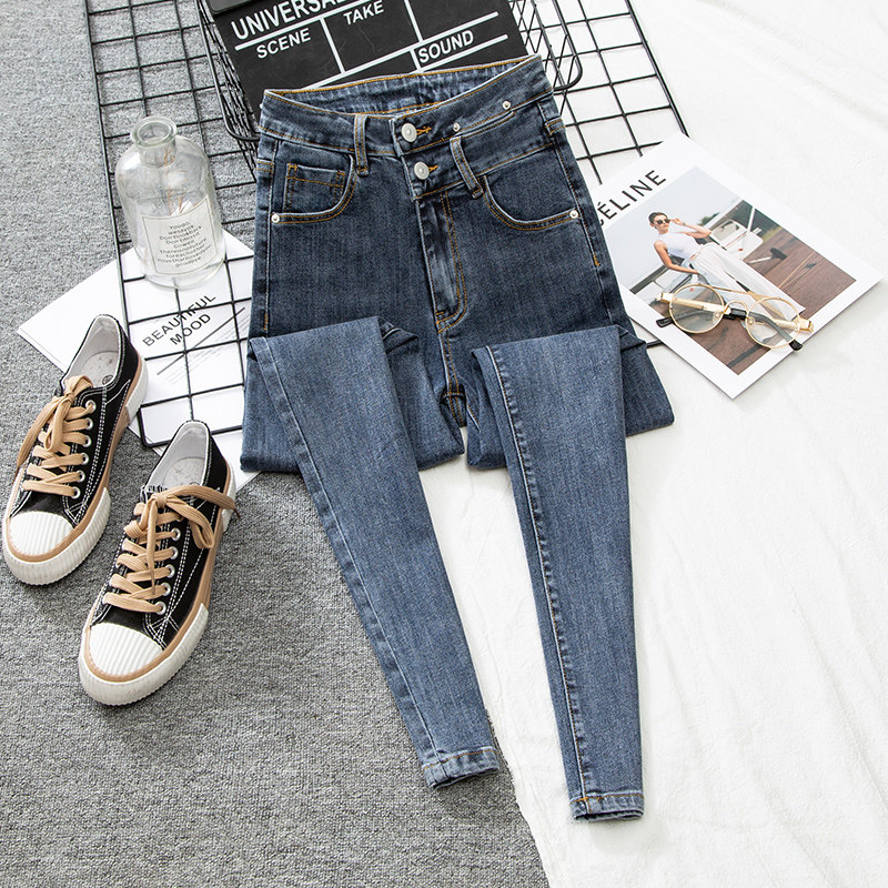 Jeans women's high waist and thin 2022 spring and autumn Korean version of the new ins blue-gray double-button slim-legged trousers