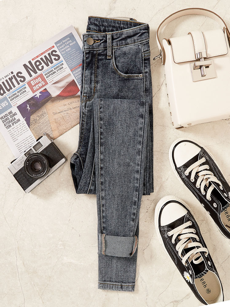 Jeans women's high waist tight trousers 2021 spring and autumn Korean version of the new blue gray nine-point slim thin cigarette pipe pants