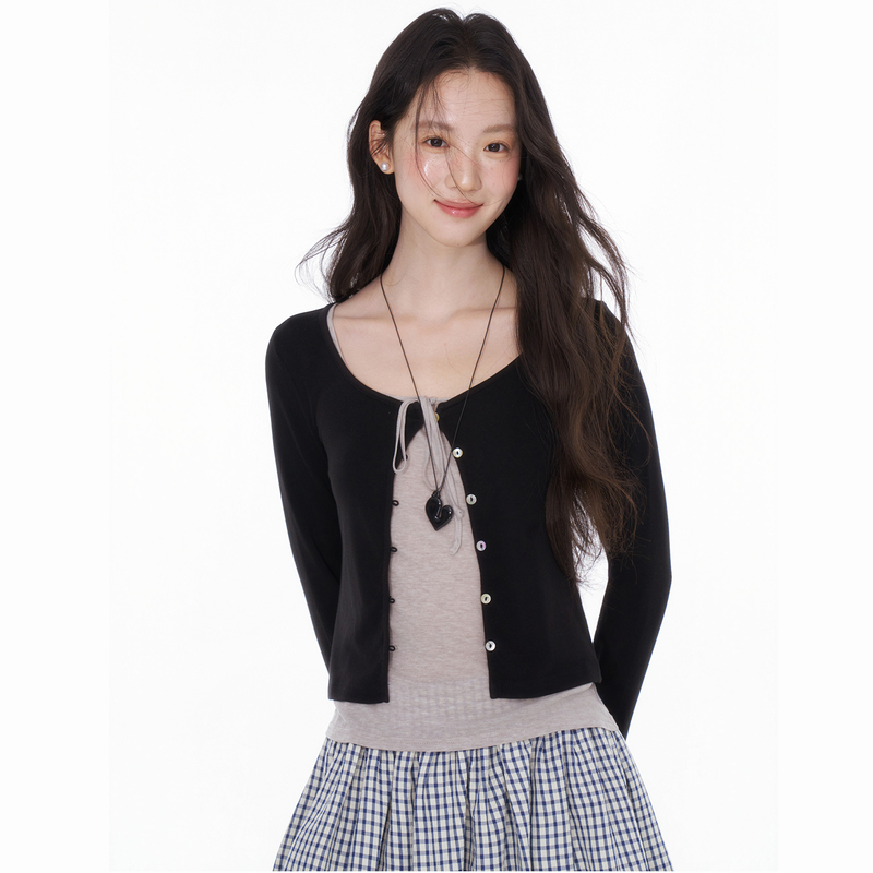 Axia Stylish Short Long-Sleeve Cardigan Knit Top with Drawstring Neckline and Short-Sleeve T-Shirt Layered Two-Piece Set for Women Axia Stylish Short Long-Sleeve Cardigan Knit Top with Drawstring Neckline and Short-Sleeve T-Shirt Layered Two-Piece Set for Women