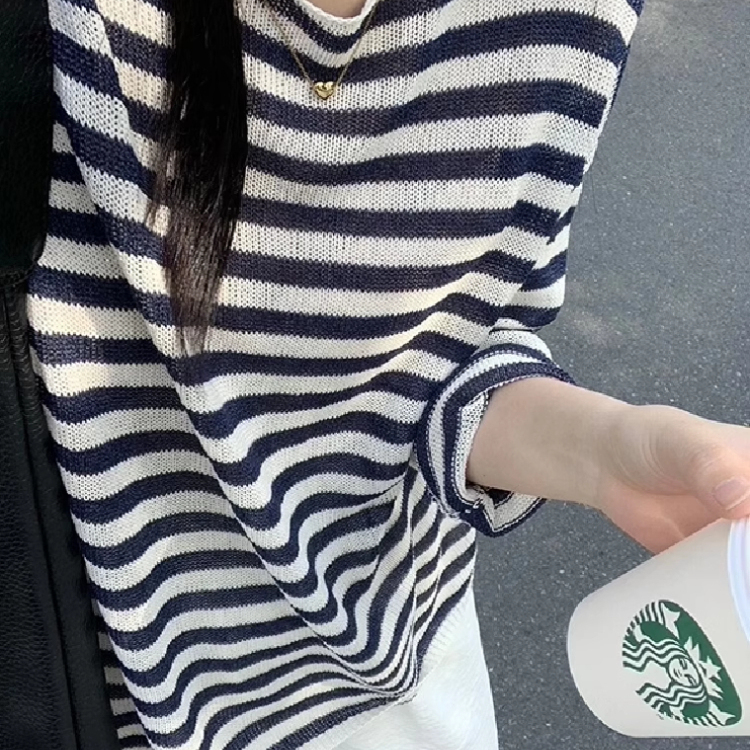 Chic Korean-Style Striped Ice Silk Knitted Long-Sleeve T-Shirt Sun Protection Cover-Up for Women, Summer Thin Sheer Top, Air-Conditioning Shirt Chic Korean-Style Striped Ice Silk Knitted Long-Sleeve T-Shirt Sun Protection Cover-Up for Women, Summer Thin Sheer Top, Air-Conditioning Shirt