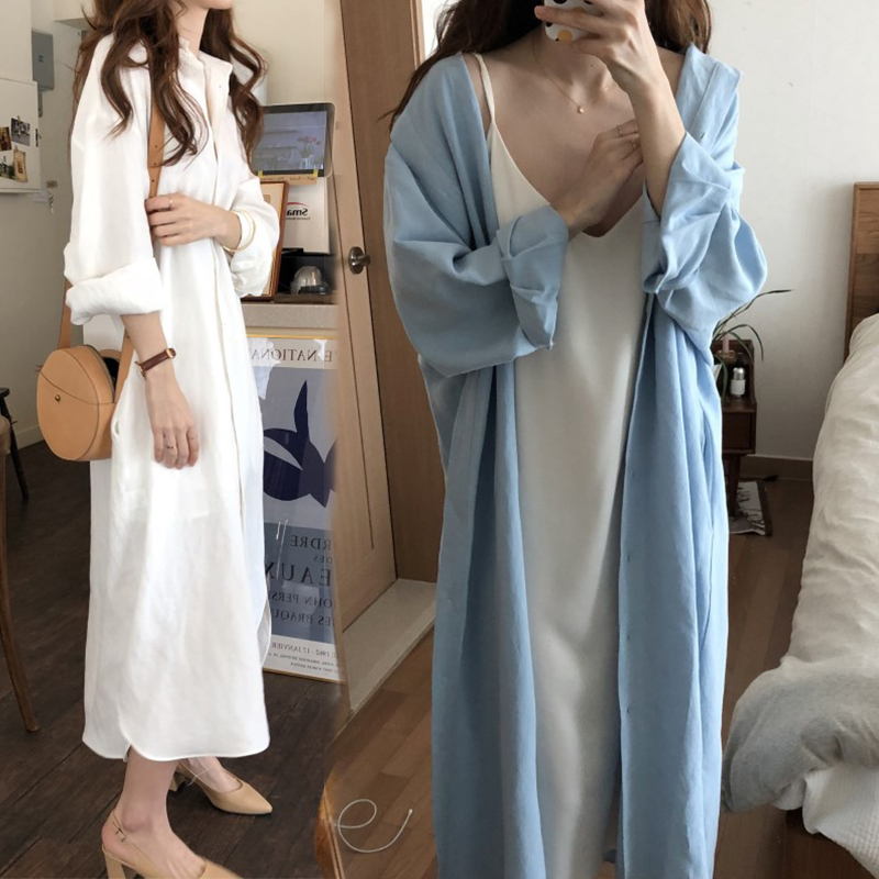 Shirt Jacket for Women 2024 Spring and Autumn Loose Korean Style Outfit Extra Long Mid-Length Outerwear Sun Protection Shirt Dress