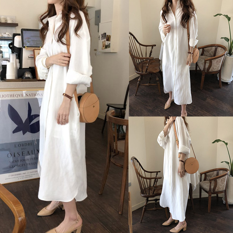Long White Shirt for Women, Spring and Autumn, Loose Design, Niche, Extra-Long, Over-The-Knee, Plus-Size Shirt Dress