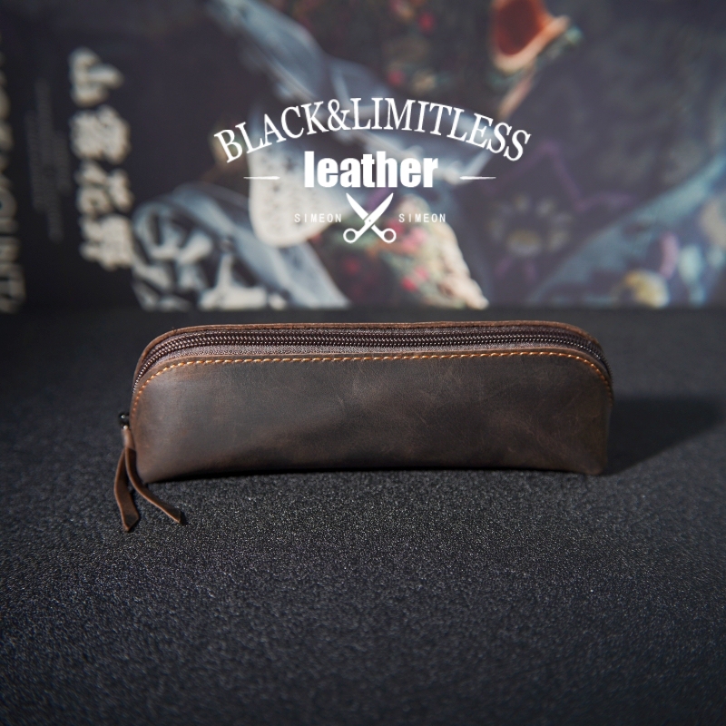 European and American Top-Grade Crazy Horse Leather Glasses Case, Genuine Leather Pencil Case, Vintage Stationery Pen Case, Fountain Pen Storage Zipper Glasses Pouch