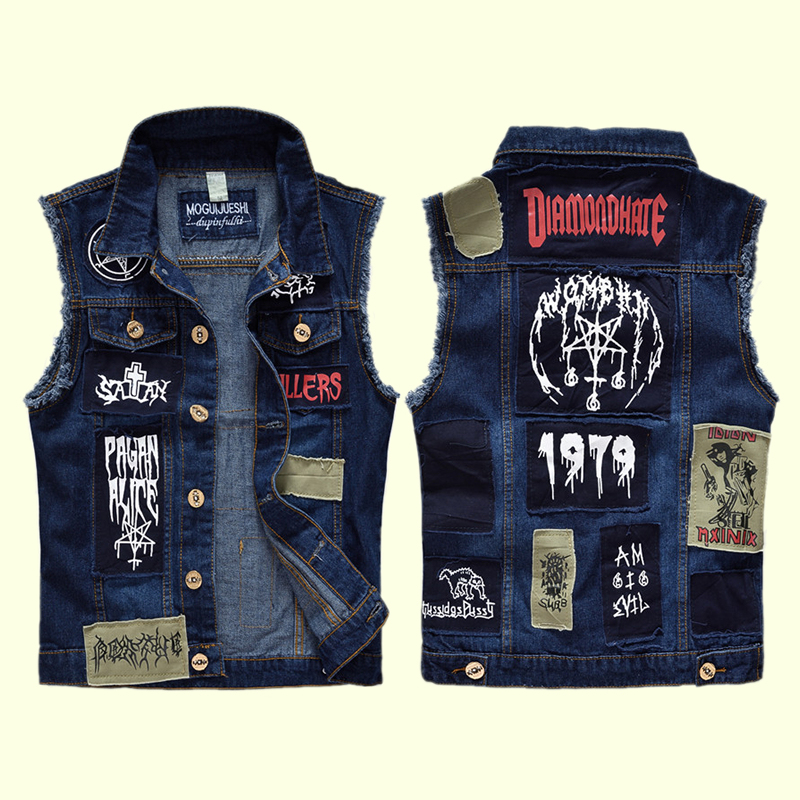 Autumn Men's Vest Korean Style Sleeveless Slim Fit Distressed Patchwork White Vest Large Size Trendy Denim Vest for Men