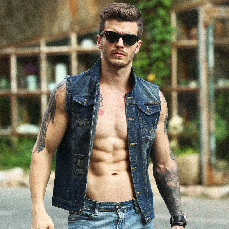 Men's Denim Vest, All-Season Trendy Korean Style, Ripped Sleeveless Vest, Slim Fit, Versatile Small Jacket