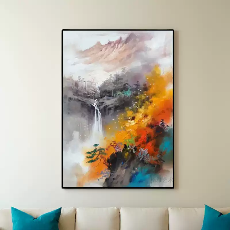 抽象山水油画纯手绘玄关客厅挂画风景装饰画艺术新中式轻奢竖版-淘宝