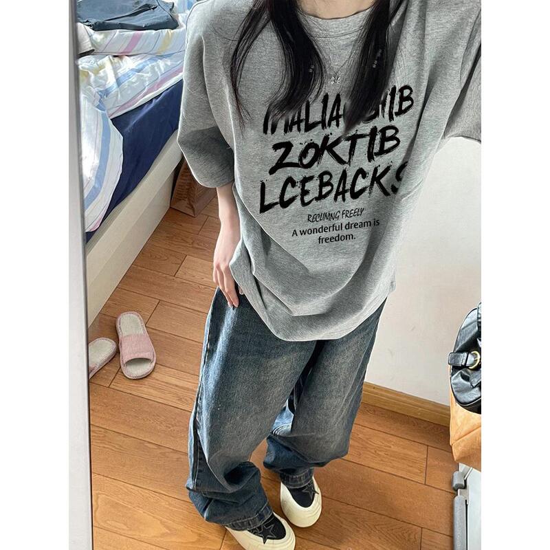 Pure Cotton American Retro Trendy Brand Gray Short-Sleeve T-Shirt for Women 2026 New Design Niche Regular Shoulder Half-Sleeve Top