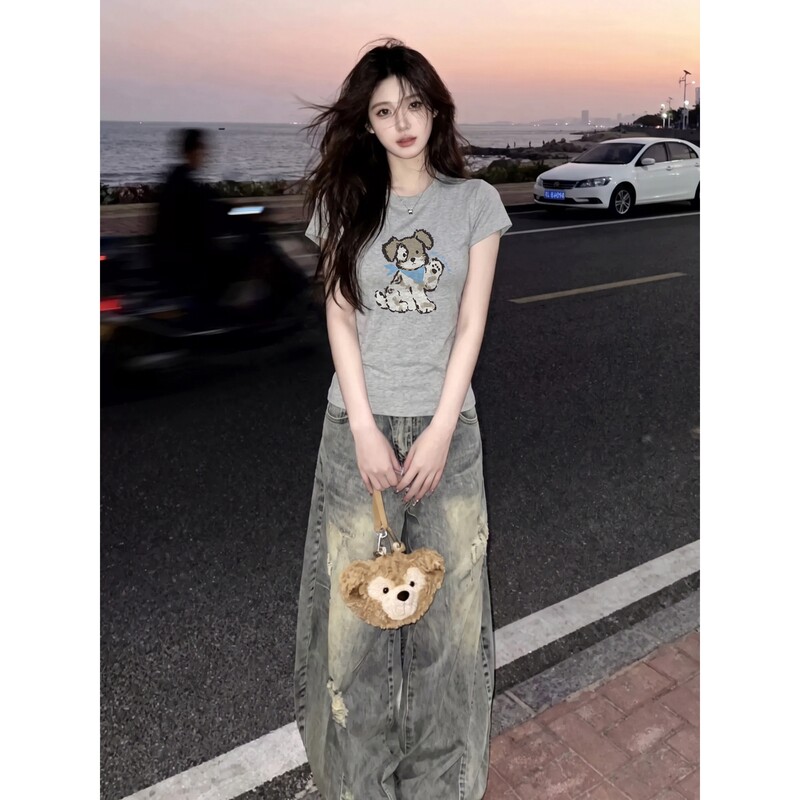 American Retro Fun Puppy Slim-Fit Short-Sleeve T-Shirt for Women, Slimming 2026 New Trendy Brand Versatile Short Top