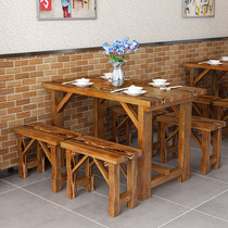 Hotel special table and chair bench solid wood thick board table new Chinese rectangular large dining table commercial table and chair set
