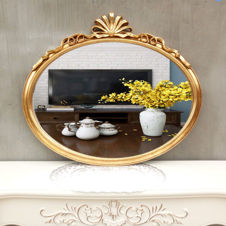 Profiled Retro Golden European and American Bathroom Mirror Oval Wall-mounted Bathroom Mirror Wall-mounted Mirror Makeup Mirror Subgenguan Mirror
