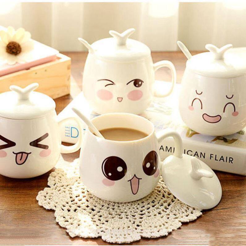 Mouth cup female drinking water ceramic Korean ceramic cup female students cute breakfast milk mug with lid spoon drinking water