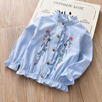 Girls  Shirts 2018 Autumn new Korean edition Girls Striped stand-up collar Long sleeve Shirt Baby lace cardigan top