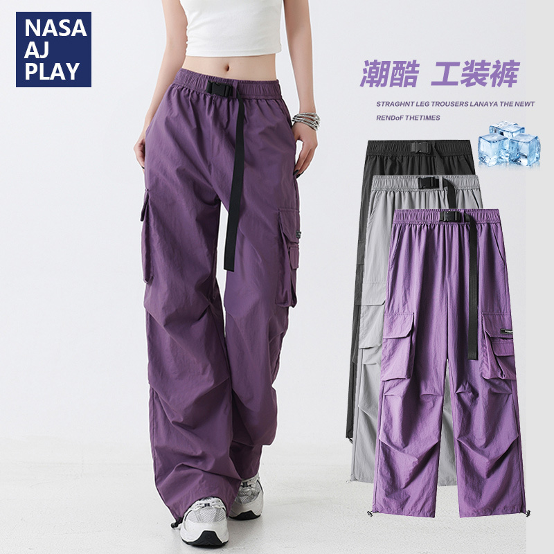 Nasa Ajplay Purple American-Style Cargo Pants for Women, Thin for Autumn, Loose-Fitting for Summer, Sports Hiking Pants for Men