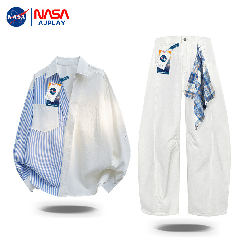 Nasa Ajplay Spring and Autumn Long-Sleeved Shirt Casual Suit Men's Loose Trendy Square Scarf Jeans Two-Piece Set