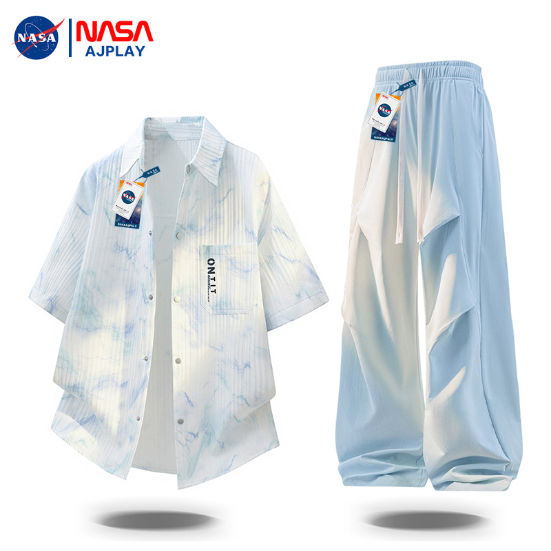 Nasa Ajplay American Trendy Brand Tie-Dye Short-Sleeved Shirt Set Men's Summer Couple Thin Casual Shirt