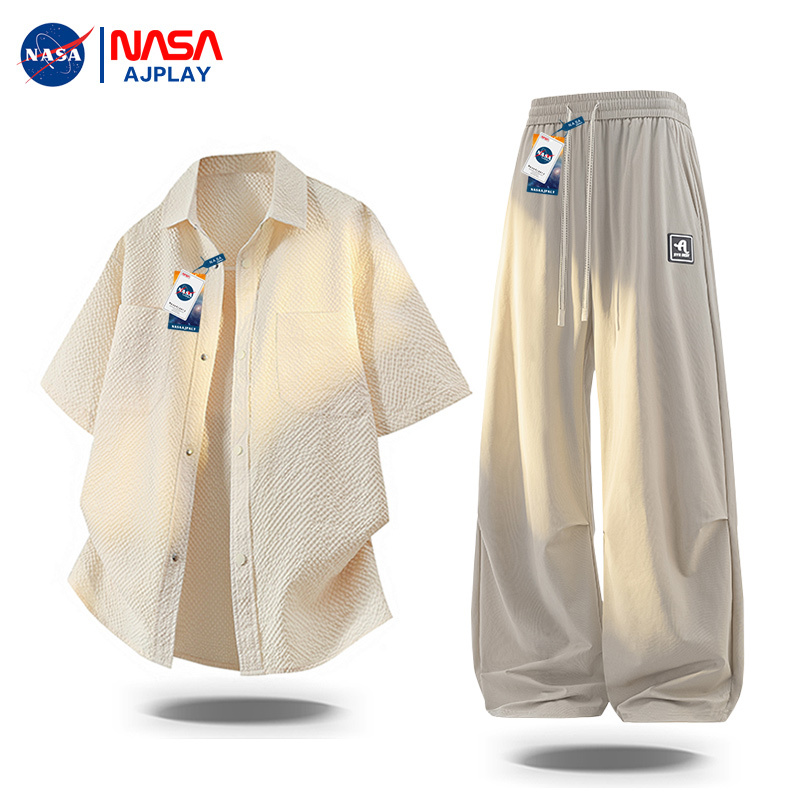 Nasa Ajplay Seersucker Short-Sleeved Shirt Set for Men, Summer Large Size Ice Silk Pants, Versatile Couple Two-Piece Set
