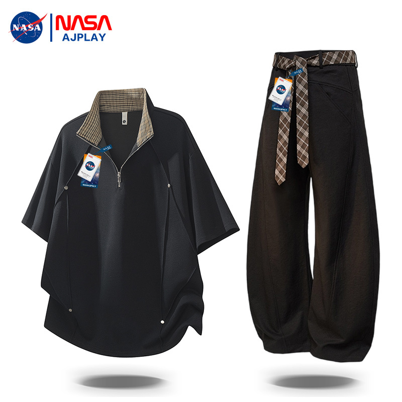 Nasa Ajplay Design-Inspired Stand-Up Collar Polo Shirt Men's Short-Sleeved T-Shirt Casual Pants Suit Men's Summer Two-Piece Set
