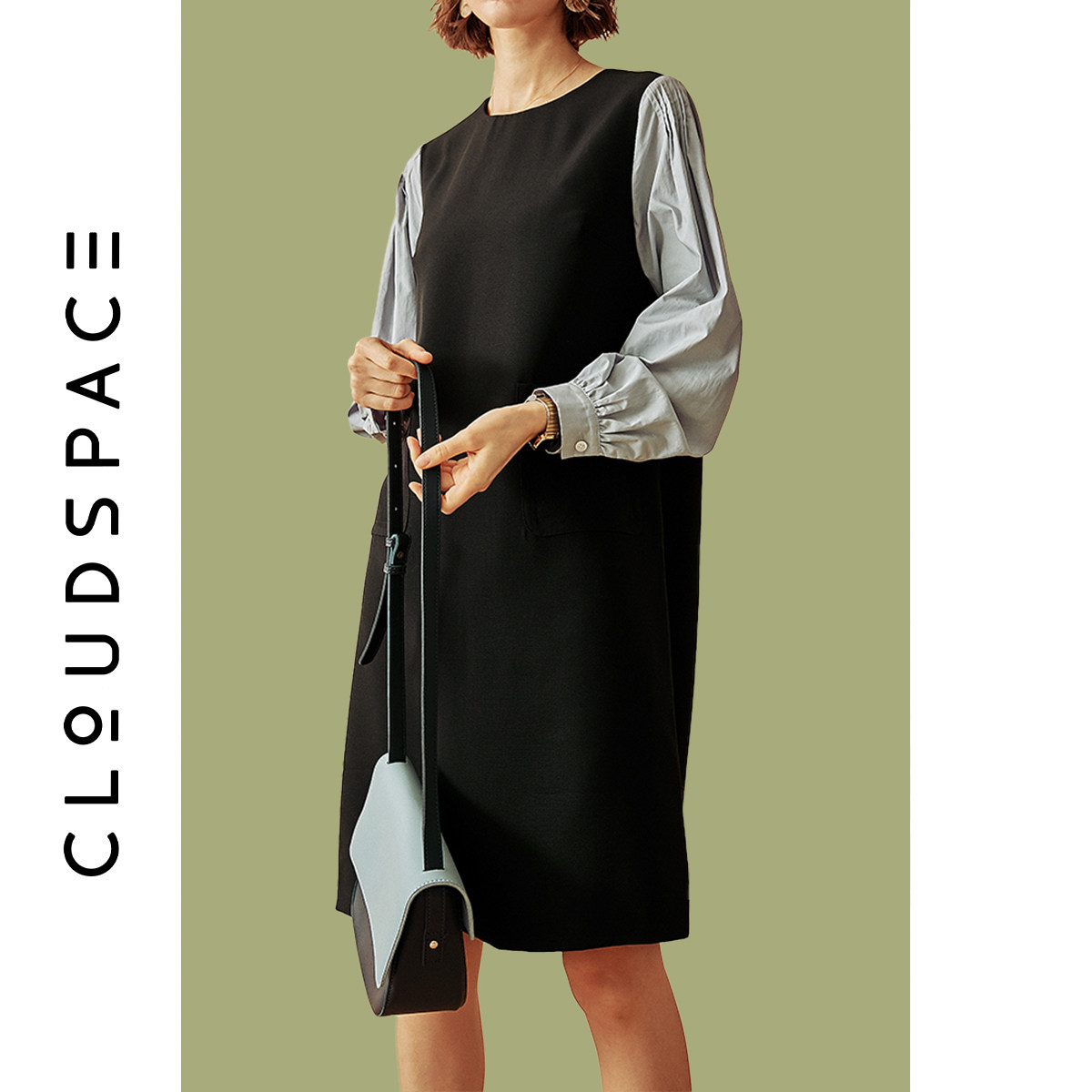 雲上生活春秋年新款假兩件拼接長袖法式洋裝長裙子女l4303