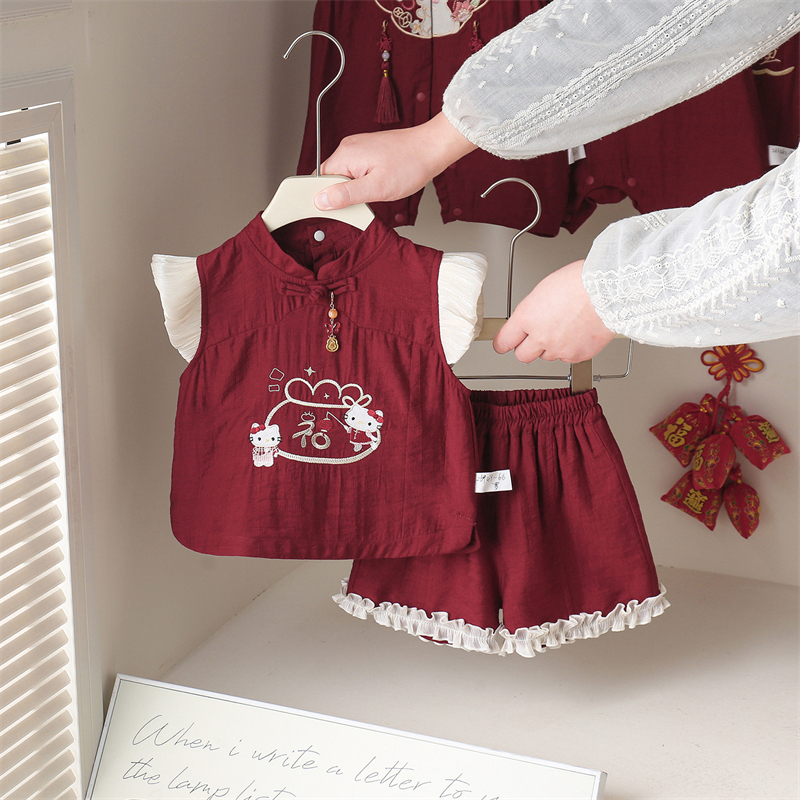 Infant Summer Two-Piece Set with Chinese Style Embroidery, Red Festive Outfit for Baby's First Birthday, Pullover Two-Piece Set