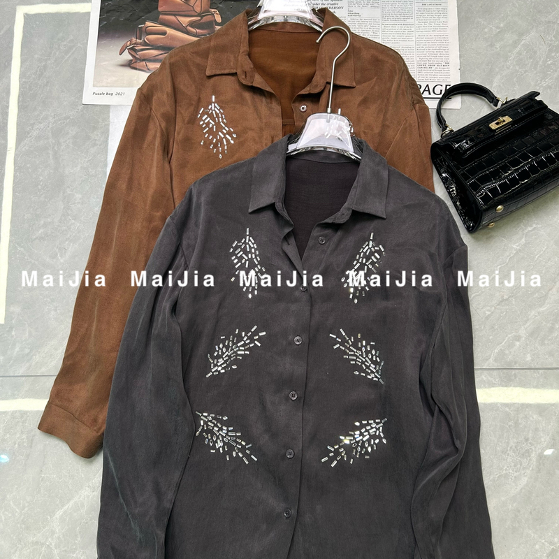 Duoduo Niche Design Summer New Arrivals Exquisite Heavy-Duty Rhinestone Embellished Cupro Silk Shirt J901