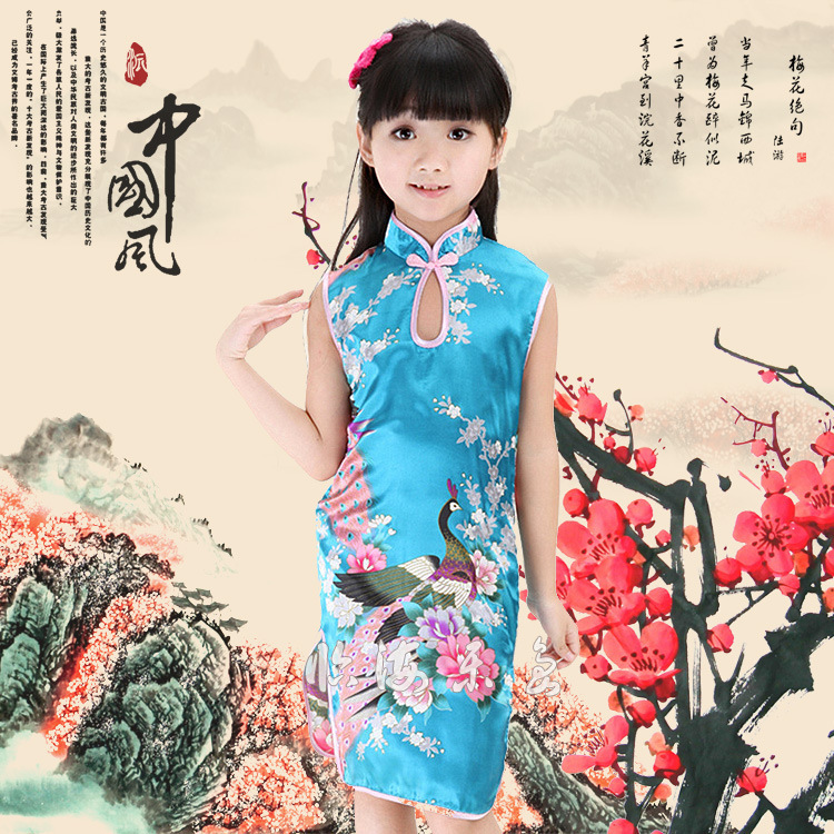 夏天优惠仿丝幼儿表演服夏装新袍立领女童唐装女孩连衣裙