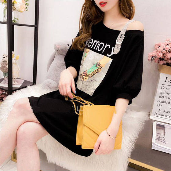 Summer trendy thin printed off-shoulder mid-length short-sleeved T-shirt for female students Korean style loose large size top for students