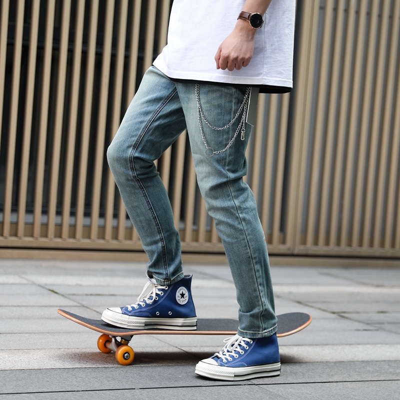 PCMY Tide Couple Blue Jeans Men and Women Han Edition Spring Trend Flexibility Repair Nine-pants Black