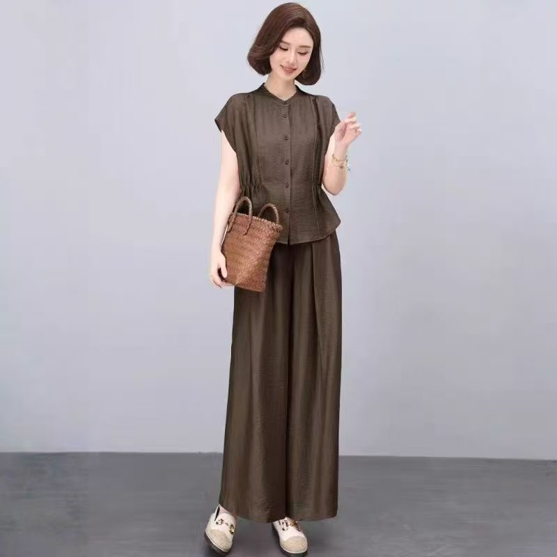 Maxmurny Elegant and Age-Reducing Fashion Mom Suit Summer New Style Chic Shirt Wide-Leg Pants Two-Piece Set