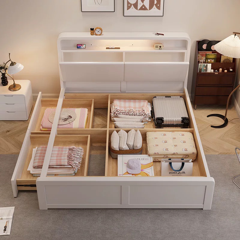 Nordic White Solid Wood Bed 1.2m Single Bed 1.5m1.35m Multifunctional Storage Bed for Home Use 1.8m