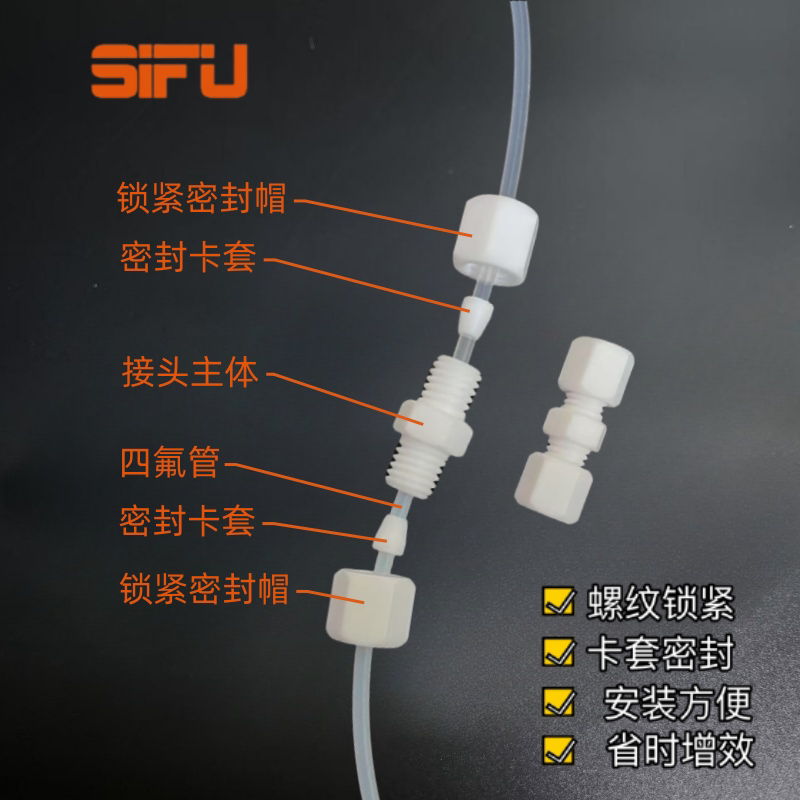 PTFE直通终端接头 铁氟龙管接头适用6 8 10MM管 聚四氟乙烯卡套直通