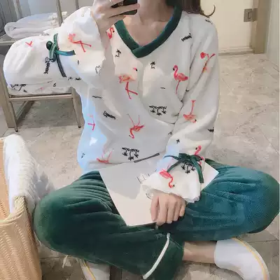 Pajamas women Spring and Autumn Winter sweet coral velvet Flamingo cute thickened flannel set student home clothes